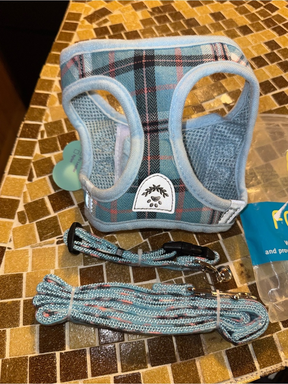 Plaid Small Pet Harness with Matching Leash and collard Set - Light Blue